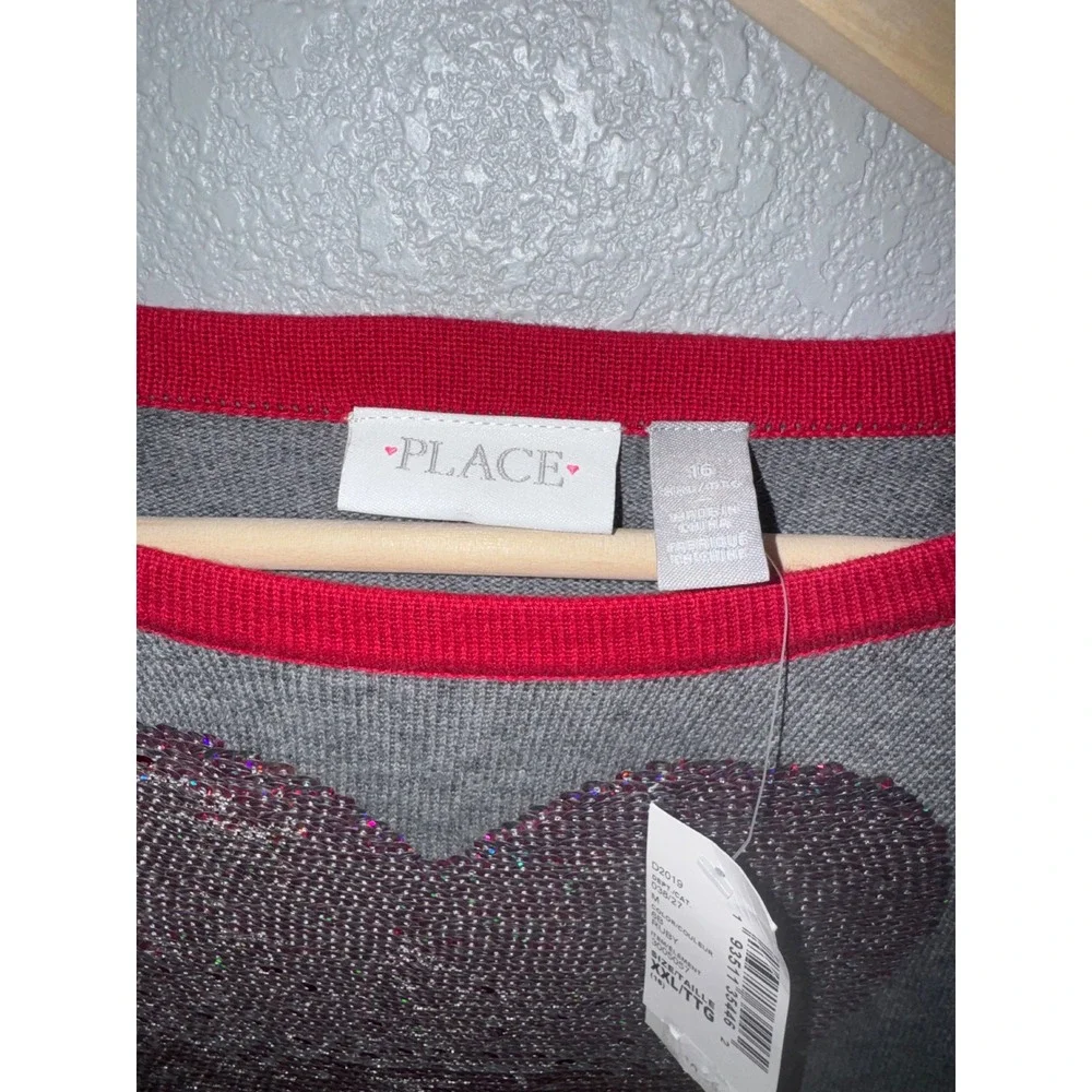 The Childrens Place Girls Red Gray Heart Sequin‎ Sweater Dress Tunic XXL 16 NWT